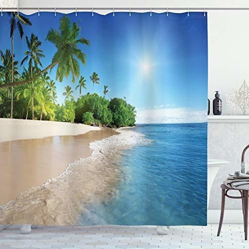 Ambesonne Blue Shower Curtain, Ocean Tropical Palm Trees On 