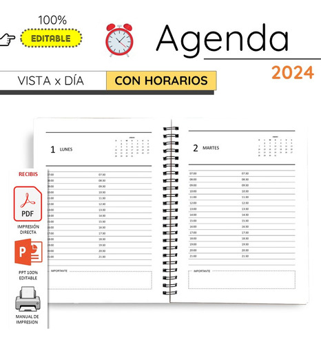 Kit Imprimible Agenda 2024 Vista X Dia Con Horarios Editable