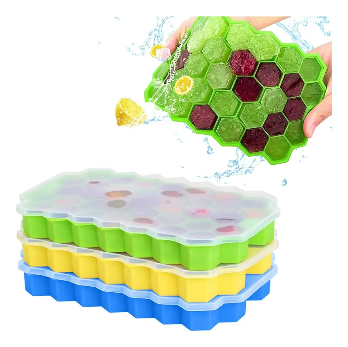KITBEATY 3pz Bandejas De Cubitos Hielo Molde De Silicona Hielo Reutilizables Con Tapa para 111 Cubitos de Hielo Fácil Liberación para Bebidas Frías, Whisky, Mantener las Bebidas Re