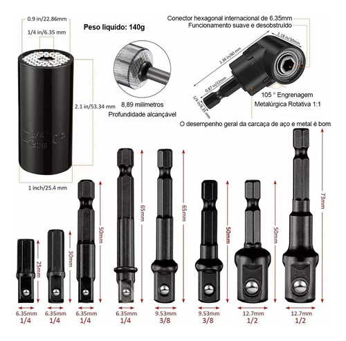 Kit 14 Adaptador Angular Extensor Flexível Soquete Universal