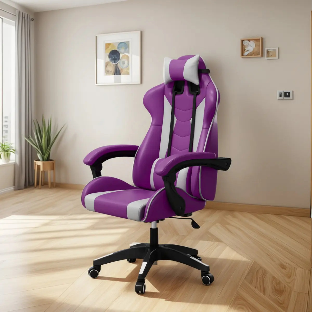 Silla Gamer Oficina Trabajo Estudio Juegos Cuidado Espaldar Color Morada Blanca