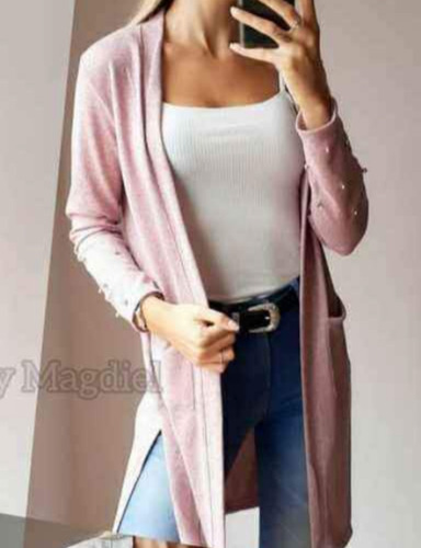 Saco Largo Mujer Abierto Lanilla Rosa Cárdigan Bolsillos