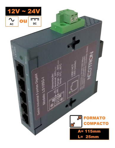 Imagem 1 de 8 de Switch Industrial Ethernet Gigabit 5 Portas Trilho Din 24v