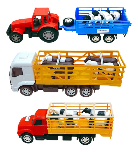 Kit 2 Caminhão + Trator Com Bois Vacas Brinquedo Presente