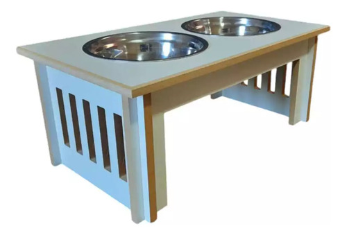 Comedero Bebedero Nordico Doble Perros Y Gatos Mundo Cucha De Madera Con Plato De Acero Antivuelco En Altura 28 X 48 X 25 Cm