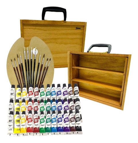 Set De Pintura Acrilica X36u Caja Paleta Y Pinceles 12u