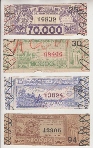 4 Billetes Vintage De Loteria Hospital De Caridad Montevideo