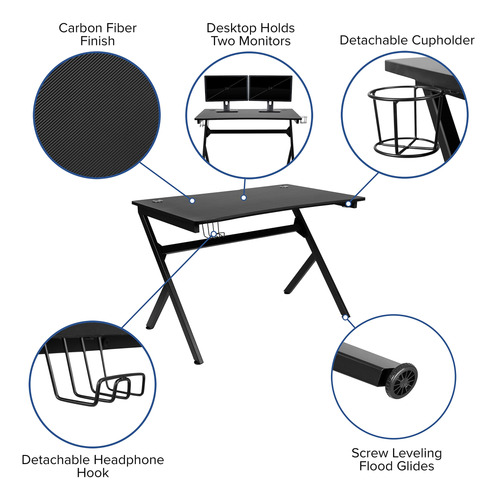 Juego De Escritorio Gamer Negro Con Silla Reclinable Azul Y