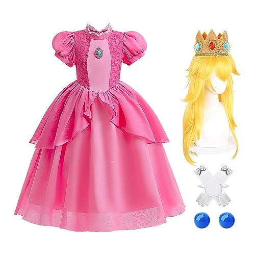Disfraz De Princesa Peach Para Niña Con Peluca Y Accesorios