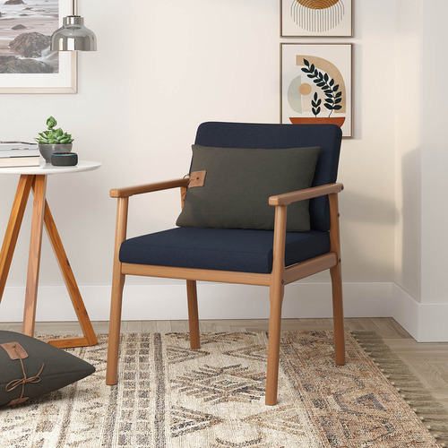Poltrona Up Com Base De Madeira Linho Azul Marinho