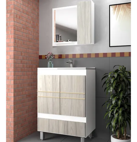 Mueble De Baño 2 Puertas 1 Cajón Con Espejo Beige Blanco Un Agujero