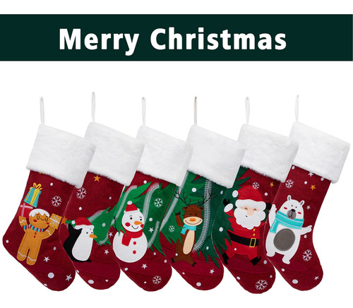 Juego De 6 Medias De Navidad Bordadas De Arpillera 50cm