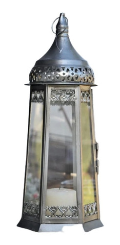 Farol Fanal Porta Vela Hexagonal Marroquí Metal Plata G49l