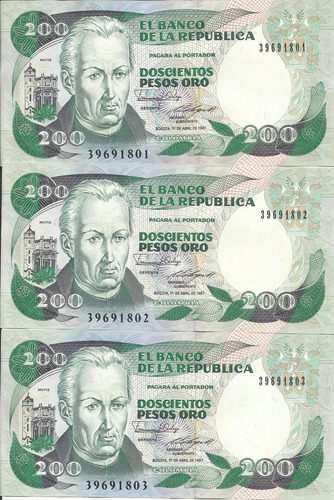 Cololmbia Billetes Trío Consecutivo 200 Pesos  1 Abril 1987