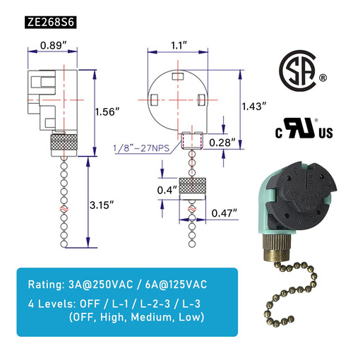 Interruptor De Cadena Para Ventilador De Techo Con 3 Velocid