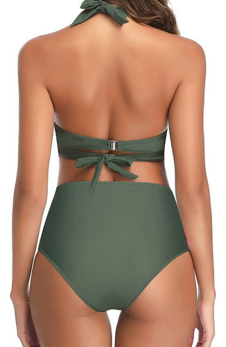 Bikini De Cintura Alta De 2 Piezas De Color Liso Para Mujer