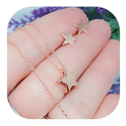 Conjunto De Plata 925 Tono Rosé Cadena Dije Y Aros Estrella