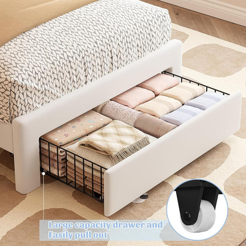 Base De Cama Enhomee C/cajón & Luces Led Individual Crema