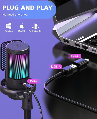 Micrófono Usb Njsj Para Pc, Micrófono Para Juegos Rgb Par...