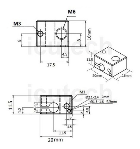 Imagen 2 de 3 de Bloque De Aluminio Tipo Hotend E3d V6 Impresora 3d Reprap