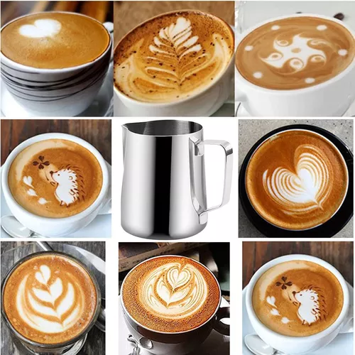 CACAKEE Jarra de espuma de leche de acero inoxidable, jarra para café y  leche para máquinas de espresso, arte de café con leche (plata, 5 onzas/5.1  fl