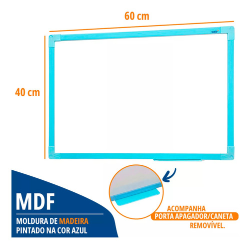 Quadro Branco Lousa Branco 40x60 Cm Moldura Soft Azul Com 2 Canetas Marcadores