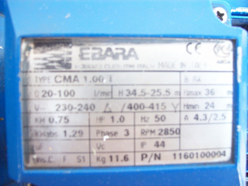 Bomba Agua Centrifuga 1hp Trifásica Marca Ebara