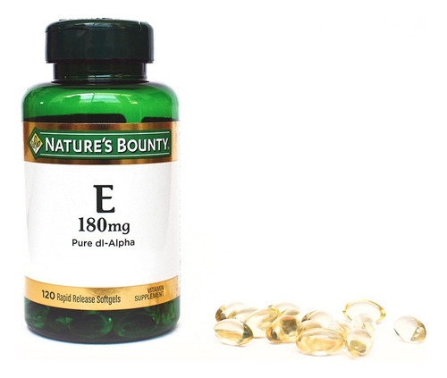 Suplemento em cápsulas de vitamina E E da Nature's Bounty em um pote de 10 ml e 120 Un