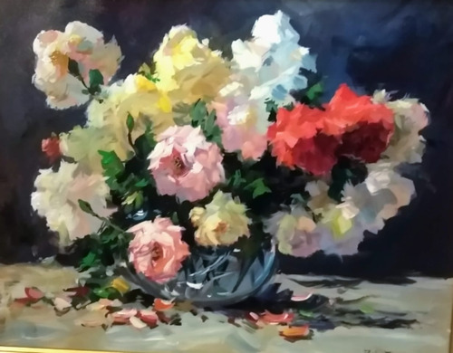 Pintura Cuadro.  Flores En Jarro Azul   P. Roberto Minder.