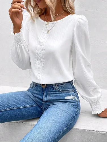 Blusa blanca de encaje manga larga sale