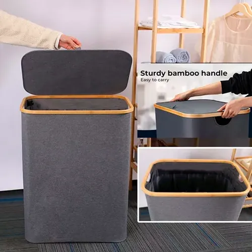 Cesta Ropa Sucia Canasto Plegable Gris Borde Bambu Cuadrado