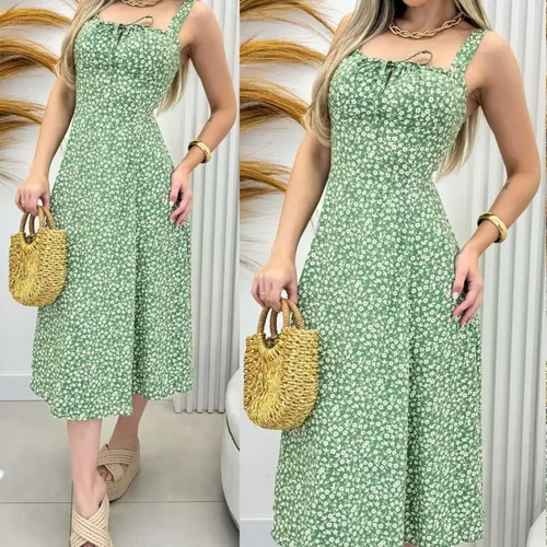 Vestido Midi Com Fenda Lateral Moda Verão Verde Florido M