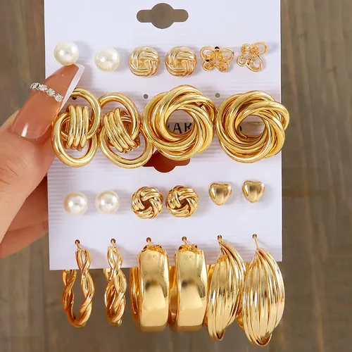 Brinco Argola Conjunto Elegante À Moda De Ouro Cor 11 Peças