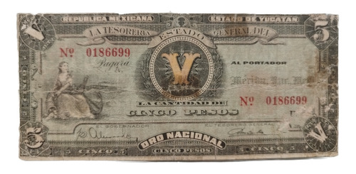 Billete 5 Pesos Estado Mérida Yucatán 1916 Condición Baja