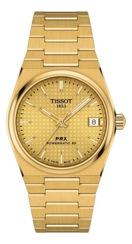 Reloj Tissot Prx Powermatic 80 T137.207.33.021.00, 35 mm, correa de 35 mm, color de bisel dorado, color de fondo dorado