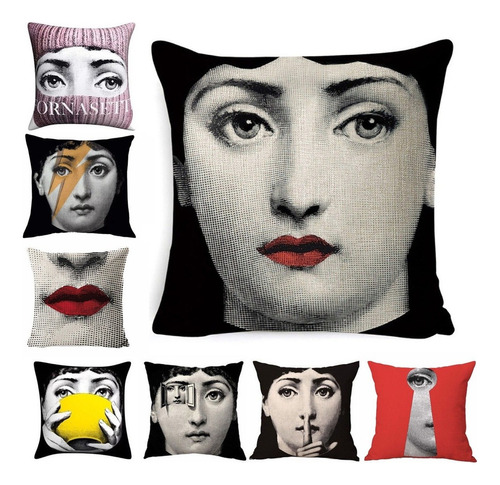 Set 4 Fundas Cojín En Lino Crudo Fornasetti Diseño Vintage Vintage Faces