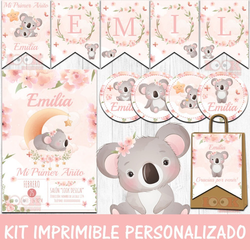 Kit Imprimible Candybar Koala Rosa Nena Personalizado