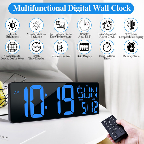Gran Reloj Digital De Pared Con Mando Led 17.2 Pulgadas