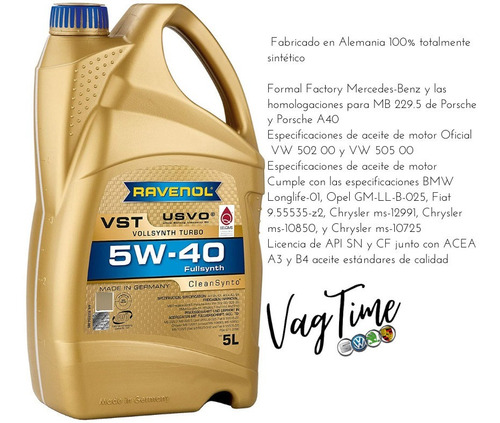 Aceite Motor 5w/40 5w40 5w-40 Vst Ravenol 5 Litros