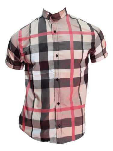 Camisa Manga Corta Cuello Mao A Cuadros Beige