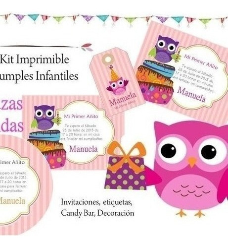 Kit Imprimible Lechuzas Buhos Coloridos Candy Deco Cumples