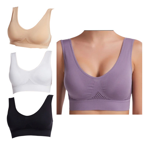Top Deportivo Mujer Secado Rápido Push Up Sin Aro Paq Con 4 Morado Blanco Negro Beige Lisa Xl