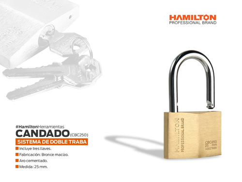 Imagen 2 de 7 de Candado Bronce 25 Mm Hamilton Con 3 Llaves Cbc250