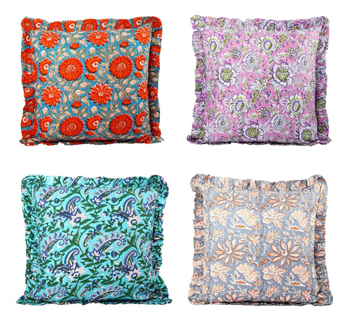 Conjunto De 4 Fundas De Almohada Estampadas A Mano De Trade
