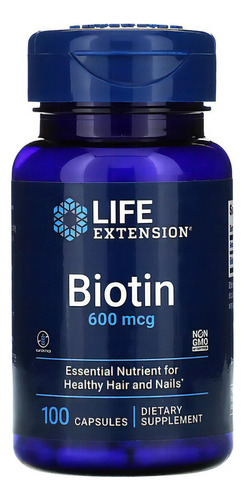 Life Extension, Biotina 600 Mcg, Cabello Y Uñas 100 Caps Sabor Sin Sabor