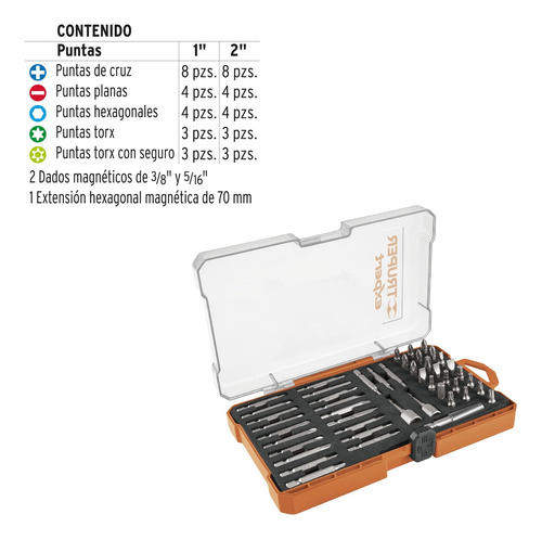 Juego De 47 Puntas Mixtas Largos 1 Y 2 En Estuche, Truper.