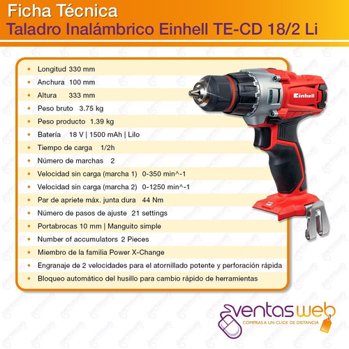 Imagen 5 de 7 de Taladro Atornillador Inalambrico Einhell 2 Baterias + Puntas