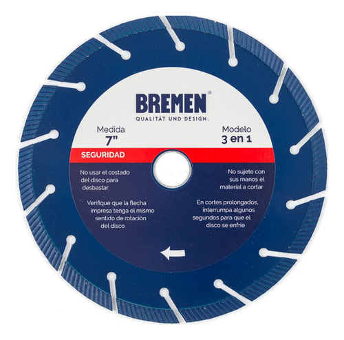 Disco Diamantado Segmentado Turbo 3 En 1 178mm Bremen 6063 Color Azul