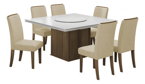 Conjunto De Mesa Sala de Jantar Com Tampo Giratório Amesterdã 1,36m 6 Cadeiras Grécia Cedro Off White Bege Dobuê