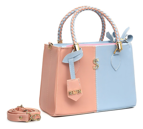 Bolsa Tiracolo Feminina Bicolor Tote New Colection Elegance Cor Azul/rosa